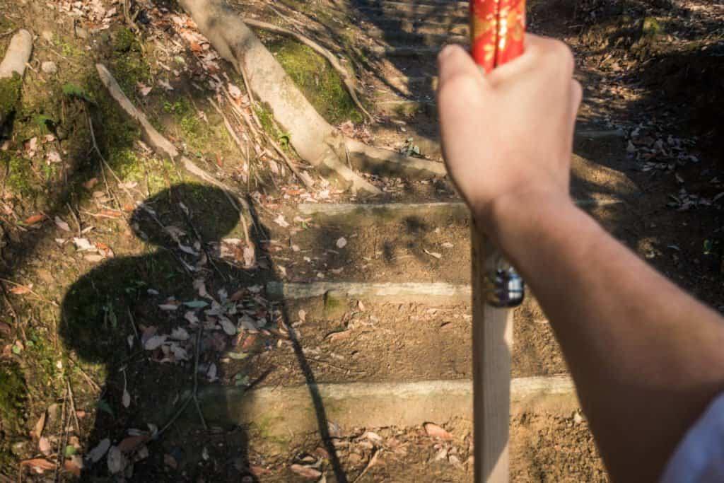 Shikoku, pilgrimage, pilgrim, family, baby, Japan, travel, henro, ohenro, temple, wood, forest, stick, François, shadow