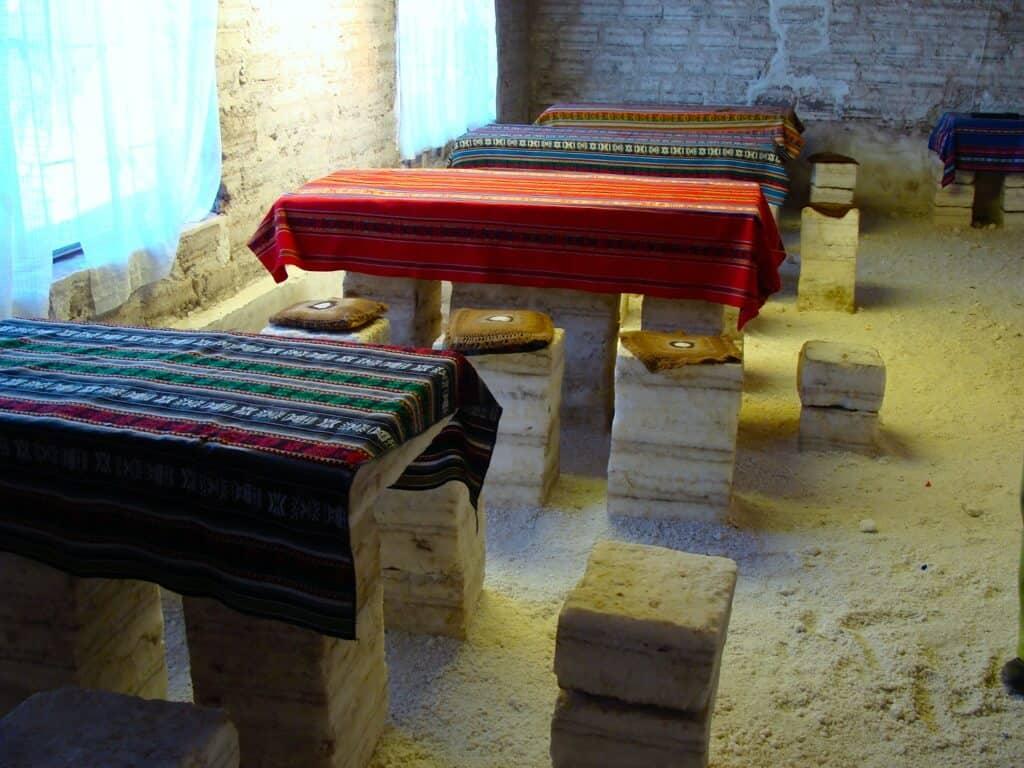 Salt house, salt tables, salt chairs, Bolivian tablecloths, Uyuni, Bolivia