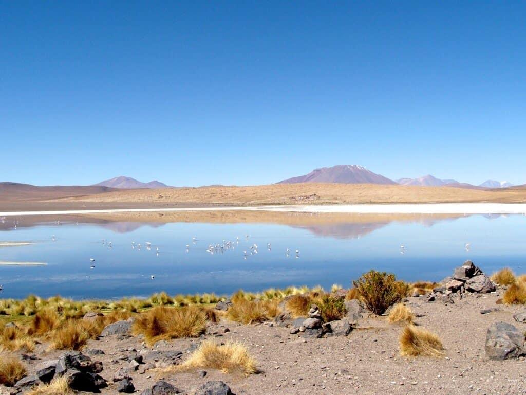Lagoon and mountain, Uyuni, Bolivia