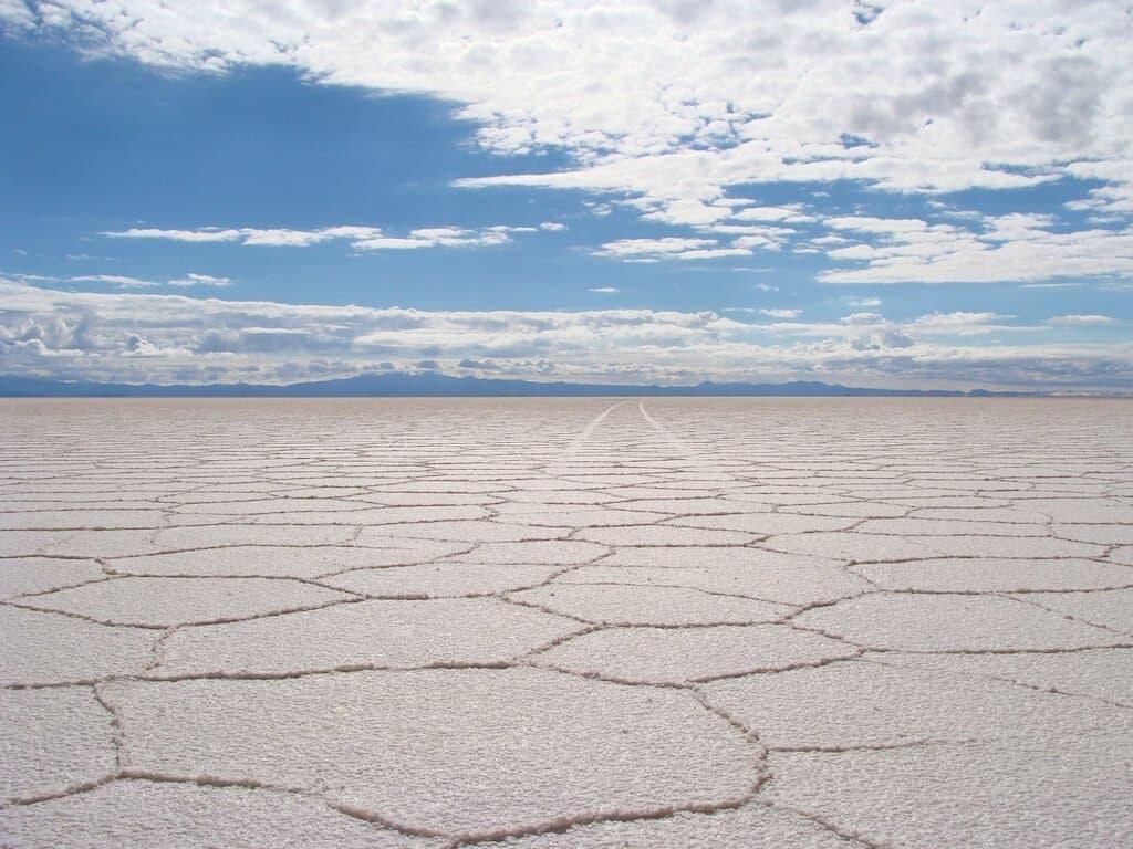 Car tracks in the salt desert Salar Uyuni Bolivia