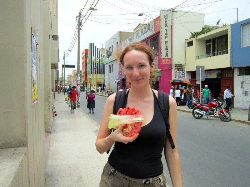 Slice of watermelon purchased from a street vendor (Ica, Peru)