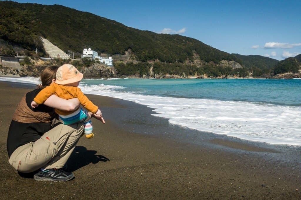 Shikoku, pilgrimage, pilgrim, family, baby, Japan, journey, henro, ohenro, sea, ocean, Pacific, beach, wave, Ohama Beach, mom, Amandine, traveler
