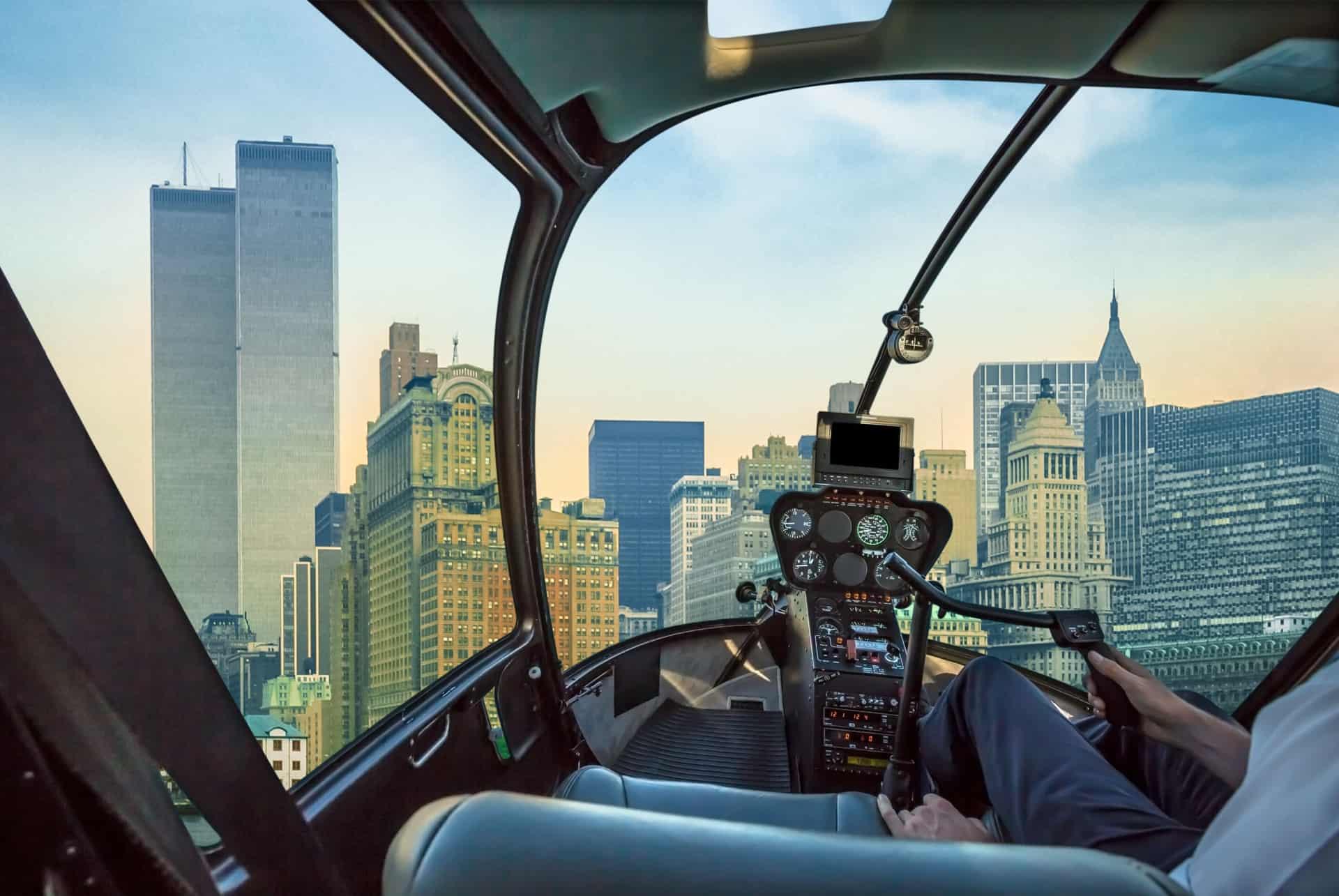helicopter flight over New York buildings
