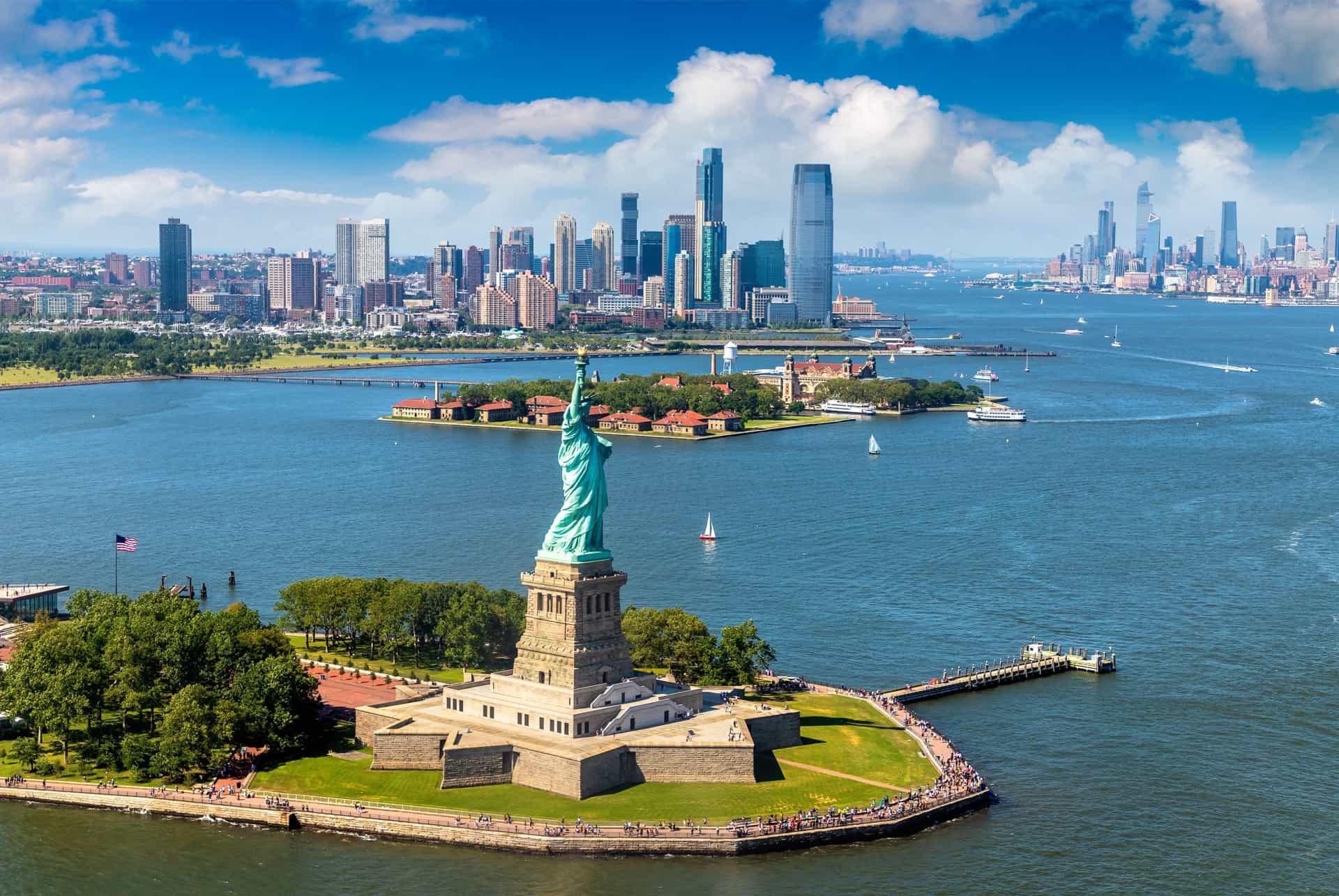 helicopter view of the Statue of Liberty